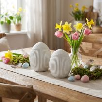 položky Easter Eggs Keramické dekorační vajíčko s drážkami Bílá šedá 10×12,5cm 2 ks