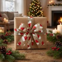 položky Vánoční stuha s čepicemi Santy, hnědá, 60 mm, 10 m