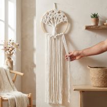 položky Macramé lapač snů Strom života na zeď, boho dekorace, Ø28cm V92cm, přírodní bílá