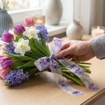položky Organzová stuha, šifonová stuha, papouščí tulipány, fialová, 40mm, 18m