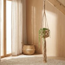 položky Závěsná dekorace z makramé, boho béžově hnědá, Ø12cm, V79cm, věšák na rostliny