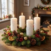 položky Sada 4 adventních svíček - Bílé sloupkové svíčky s efektem sněhové koule a vzorem námrazy, vánoční dekorace 150/60 mm