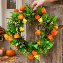 položky Umělý věnec z Physalis, oranžový a zelený, Ø28cm, podzimní dekorace
