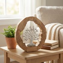 položky Deco sochařský strom v dřevěné kruhové dekoraci na stůl k umístění 22×21×4cm