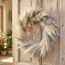 položky Věnec ze sušené pampové trávy, boho dekorace na dveře, přírodní sušené květiny Ø31cm, nástěnný věnec