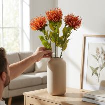 položky Jehelníček Exotický umělý květ Pomeranč Leucospermum Protea 73cm 3ks