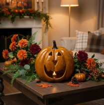 položky Keramická dýně s obličejem, LED dekorace, Halloween, 19 cm