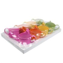 položky Barevná dekorativní konev na zalévání, Ø11cm, V9,5cm, na sázení, jarní dekorace na stůl, kovová, sada 8 kusů