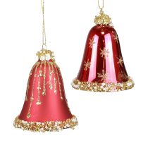 Skleněný zvoneček Vánoční zvonky červené zlato Ø6,5cm V8,5cm 2ks