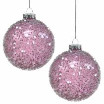 Ozdoby na vánoční stromeček skleněná koule fialové flitry Ø8cm 4ks