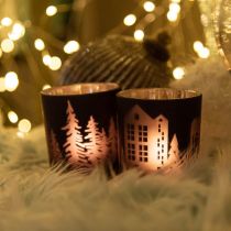 Lucerny, stojánek na čajovou svíčku skleněný vánoční černý Ø7cm 2ks