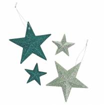položky Třpytivá hvězda set deco věšák a rozptylová dekorace smaragdová, světle zelená 9cm/5cm 18 kusů