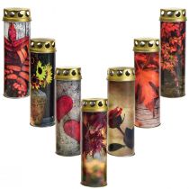 Hrobové svíčky smuteční svíčky podzimní motivy barevný Ø6cm V20cm 6 kusů