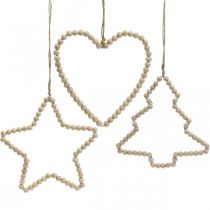 Deko věšák vánoční dřevěné korálky srdce hvězda strom H16cm 3ks