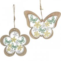 Motýl k zavěšení, dřevěný přívěsek květina, jarní dekorace se třpytkami V11/14,5cm 4ks