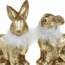 Zlatý králík sedící terakota zlaté barvy s peřím V20cm 2ks