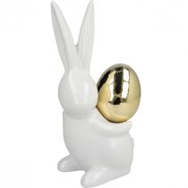 Velikonoční zajíčci elegantní, keramickí zajíčci se zlatým vajíčkem, velikonoční dekorace bílá, zlatá V18cm 2ks