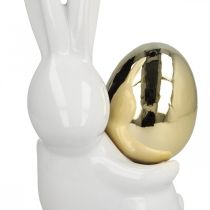 Velikonoční zajíčci elegantní, keramickí zajíčci se zlatým vajíčkem, velikonoční dekorace bílá, zlatá V18cm 2ks