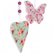 Přívěsek s květinovým vzorem, srdcem a motýlem, jarní dekorace na zavěšení V11,5/8,5cm 4ks