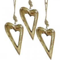 Dekorativní srdce, zlatý efekt mangového dřeva, dřevěná dekorace na zavěšení 13,5cm × 7cm 4ks