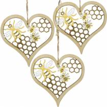 Dekorativní srdce včelky žluté, zlaté dřevěné srdce na zavěšení letní dekorace 6ks