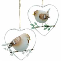 Přívěsek srdce s vrabci, jarní dekorace, kovové srdce, Valentýn, ptačí srdce 4ks