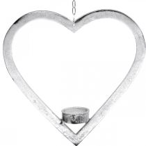 položky Srdce na zavěšení, svícen na adventní čajovou svíčku, svatební dekorace kovová stříbrná V24cm