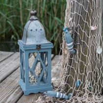 Dřevěná lucerna s kovovou dekorací, dekorativní lucerna na zavěšení, zahradní dekorace modro-stříbrná V51cm