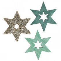 položky Dřevo sypané hvězdicově zelené, třpytivá vánoční hvězda mix 4cm 72ks