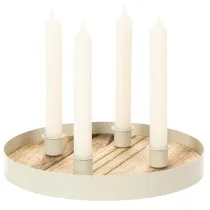 položky Svícen na čtyři kuželovité svíčky, kulatý dřevěný tác, 25 cm