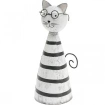 Kočka s brýlemi, ozdobná figurka na umístění, figurka kočky kovová černobílá V16cm Ø7cm