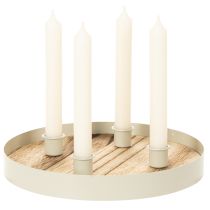 položky Svícen na čtyři kuželovité svíčky, kulatý dřevěný tác, 25 cm