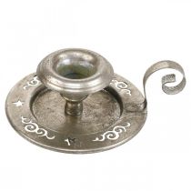 položky Svícen kovový talíř na svíčku s rukojetí stříbrná Ø12cm