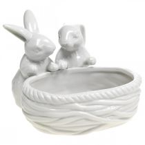 Králíci s hnízdem, dekorace na stůl, velikonoční hnízdo, dekorace z porcelánu, dekorativní miska bílá L15cm H11cm