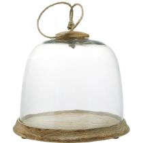 Skleněný zvonek s dřevěnou deskou, zvoneček na dort s jutovým uchem V19cm Ø22,5cm