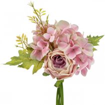 Umělá kytice, kytice hortenzie s růžemi růžová 32cm