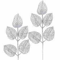 Umělé rostliny, ozdoba větví, deko list stříbrný třpyt L36cm 10ks