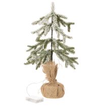 položky Umělá rostlina se sněhem, LED vánoční stromeček v jutovém pytli, na baterie, pro vnitřní použití, 50 cm