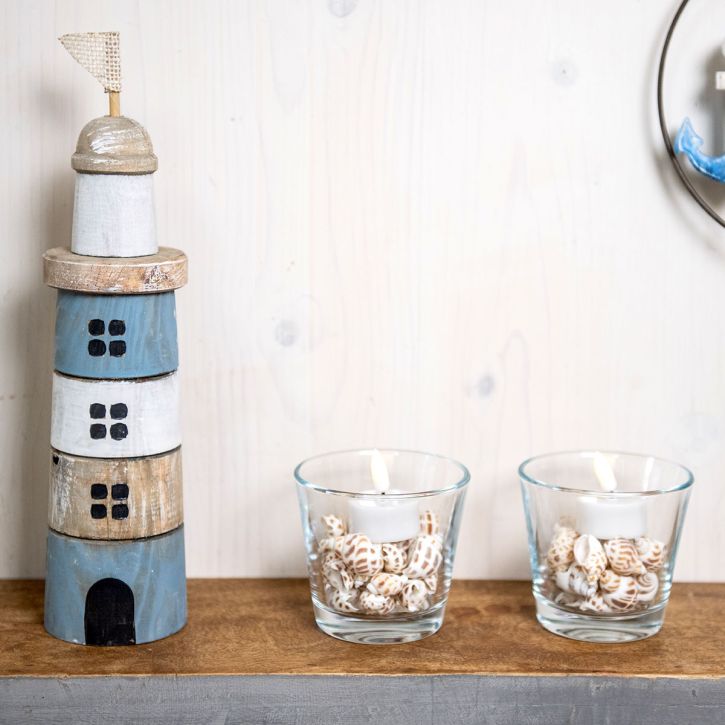 Dřevěný maják Maritime Wood Deco Blue White H30,5cm