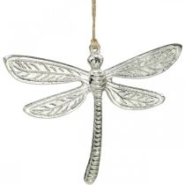 Vážka z kovu, letní dekorace, ozdobná vážka na zavěšení stříbrná Š12,5cm