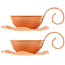 položky Kovový dekorativní hrnek, oranžový, Ø11,5 cm, V6 cm, s podšálkem, 2 kusy