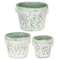 položky Kovové květináče s uchy, květináče s reliéfem, bílá, zelená, shabby chic, V 20,5/18,5/16 cm, Ø 25,5/20,5/15,5 cm, sada 3 ks