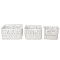 položky Kovové misky s krajkovým vzorem, dekorativní nádoba, čtvercové, shabby chic, bílé, 27/23/19 cm, V 13,5 cm, sada 3 kusů