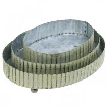 položky Podnos na zdobení, podnos na svíčku oválný, kovová dekorace stříbrná, zelená shabby chic L25/22/18cm H6cm sada 3 ks