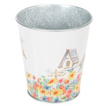 položky Kovový květináč s motivem, květináč s ptačími budkami, plechový kyblík V13cm Ø11,5cm