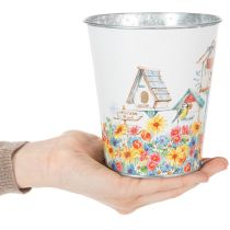 položky Kovový květináč s motivem, květináč s ptačími budkami, plechový kyblík V13cm Ø11,5cm