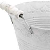 položky Kovová nádoba, ozdobná miska se vzorem, květináč s dřevěnými uchy bílá, stříbrná Ø21,5cm V14,5cm Š24,5cm