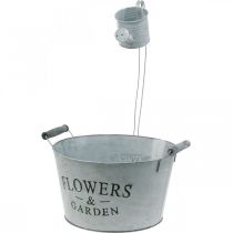 položky Miska na zalévání s konví, zahradní dekorace, kovový květináč na sázení stříbrná bílá praná V41cm Ø28cm/Ø7cm