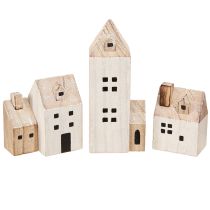 položky Mini vánoční vesnička dřevěná dekorace bílá přírodní V13/7cm 6 ks