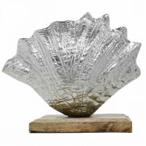položky Mušle k zasazení, námořní kovová dekorace s dřevěným základem stříbrná, přírodní 16 × 19 cm